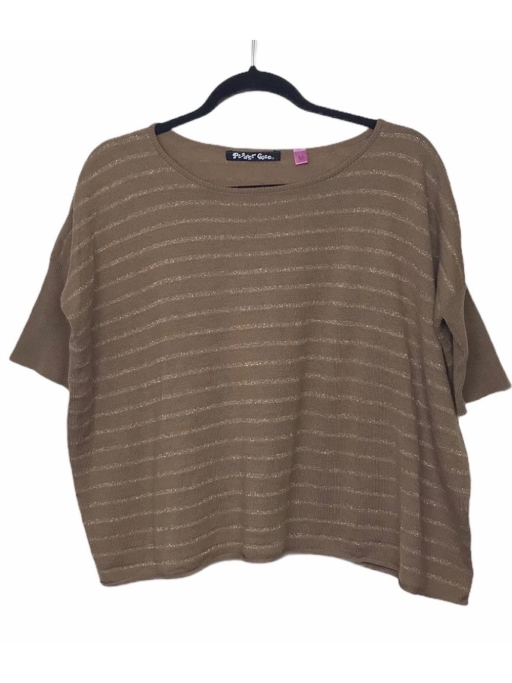 Planet Gold Tan Metallic Stripe Oversized Short Sleeve Sweater
